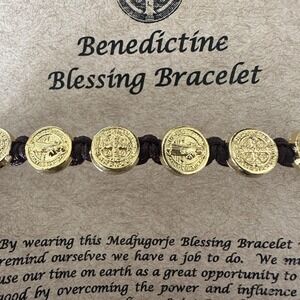 Gold Tone Benedictine Saint Blessing Bracelet Unisex Adjustable Cord Religious
